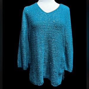 NWT CHICO’S METALLIC THREAD V NECK PULLOVER SWEATER LS TEAL SZ 2 (large)